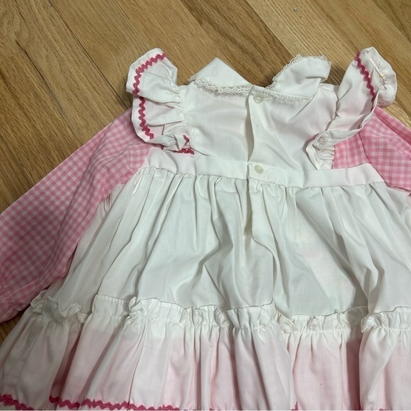 Vintage Smocked Embroidered Dress 12 mos Floral Pink Gingham Long Sleeve - Picture 6 of 8